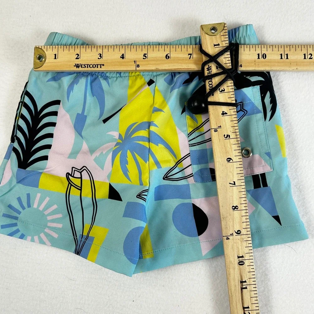 Kids Swim Trunks Size M Blue Tropical Palm Tree Surfboard Print Elastic‎ Waist